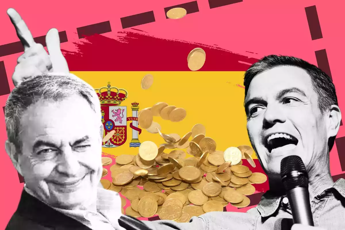Montaje con el expresidente Jose Luis Rodríguez Zapatero y el presidente Pedro Sánchez con la bandera española de fondo y una lluvia de monedas