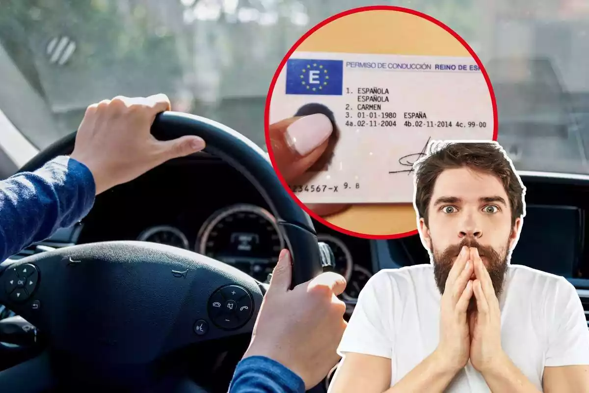 Imagen de fondo de una persona conduciendo, junto a otra imagen de un carné de conducir y otra de una persona con gesto sorprendido