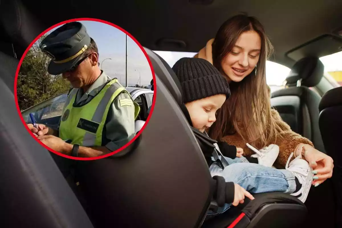 Una madre coloca a un niño en su sillita del coche, y en el círculo, un agente de la guardia civil