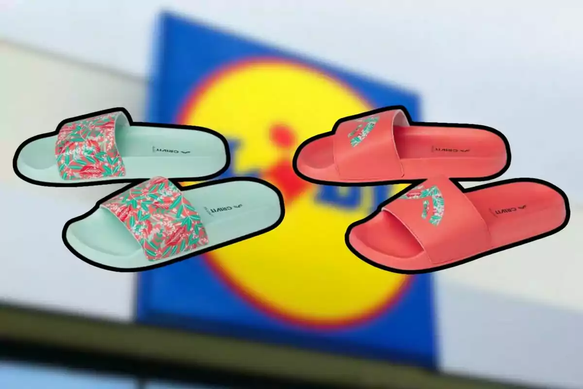 Cuatro sandalias de colores pastel y coral con detalles de hojas, sobre un fondo desenfocado con el logo de Lidl. Cuatro sandalias de colores pastel y coral con detalles de hojas, sobre un fondo desenfocado con el logo de Lidl.