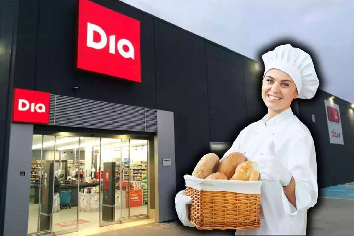 Panadera con pan delante de supermercado Dia