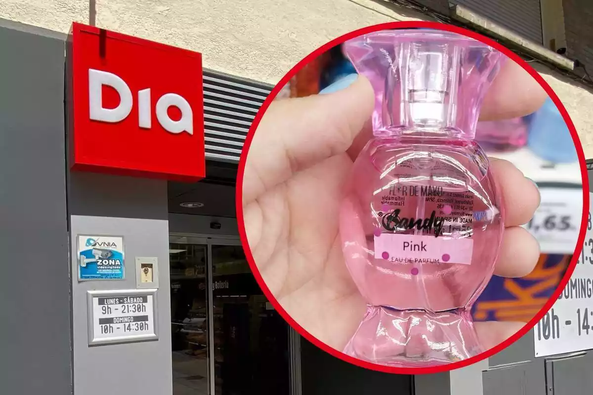 Montaje con una imagen de fondo de un supermercado Dia y otra del perfume Candy Pink de Flor de Mayo