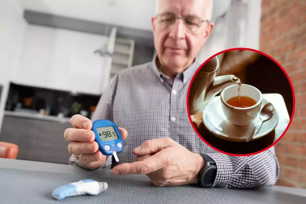 Hombre con diabetes y círculo rojo con taza de té Hombre con diabetes y círculo rojo con taza de té