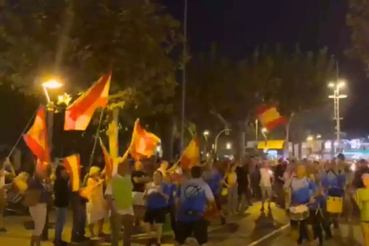 Captura de pantalla del vídeo en el que se ve a decenas de manifestantes con banderas españolas rodeando una marcha de antorchas independentistas