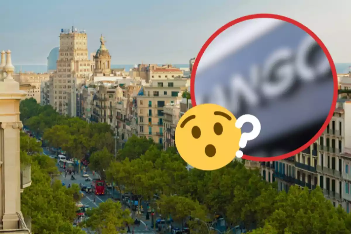 Diagonal de barcelona y un mango borroso en un círculo con un emoji de sorpresa y un signo de pregunta