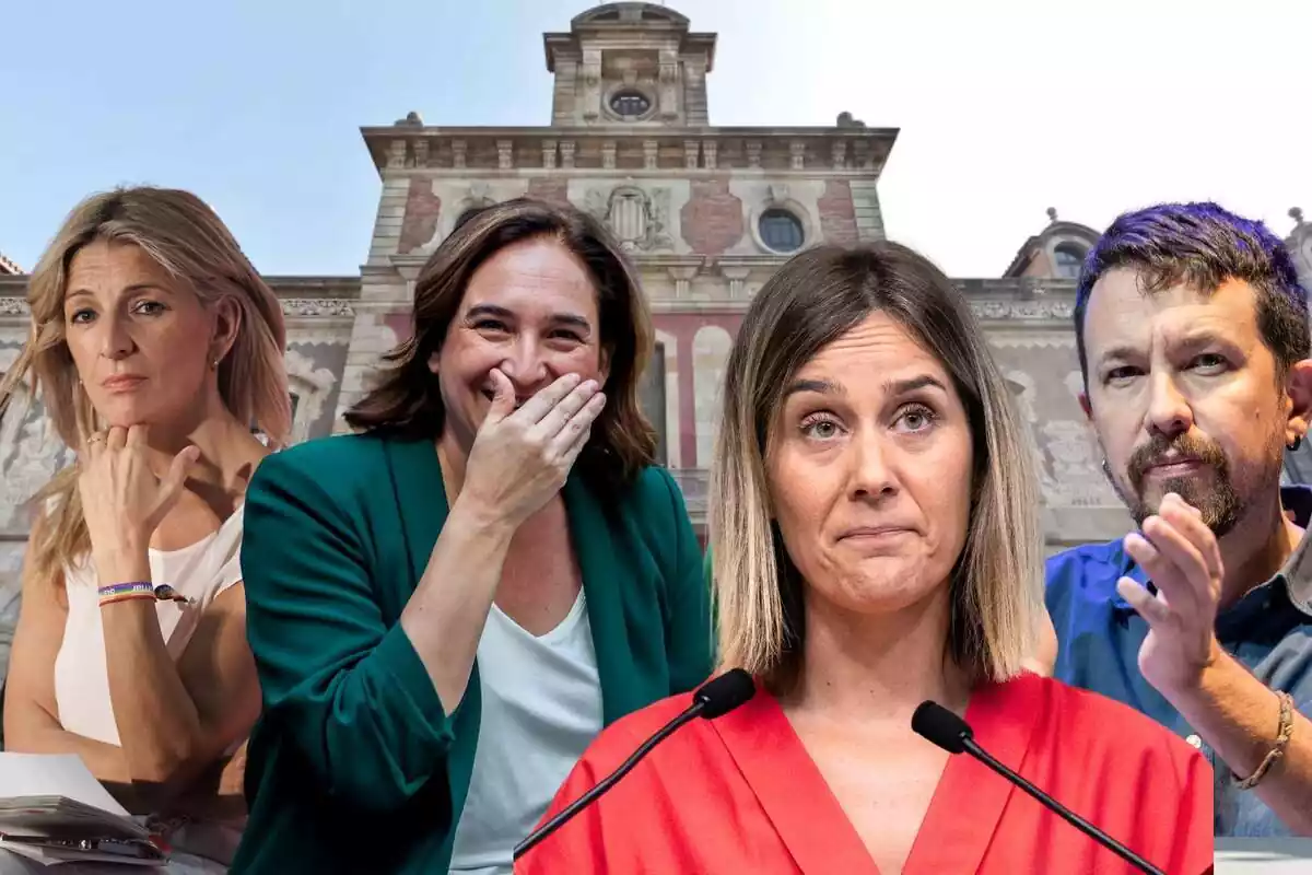 Montaje fotográfico con el Parlament de Cataluña de fondo y con Yolanda Díaz, Ada Colau, Jéssica Albiach y Pablo Iglesias en primer plano