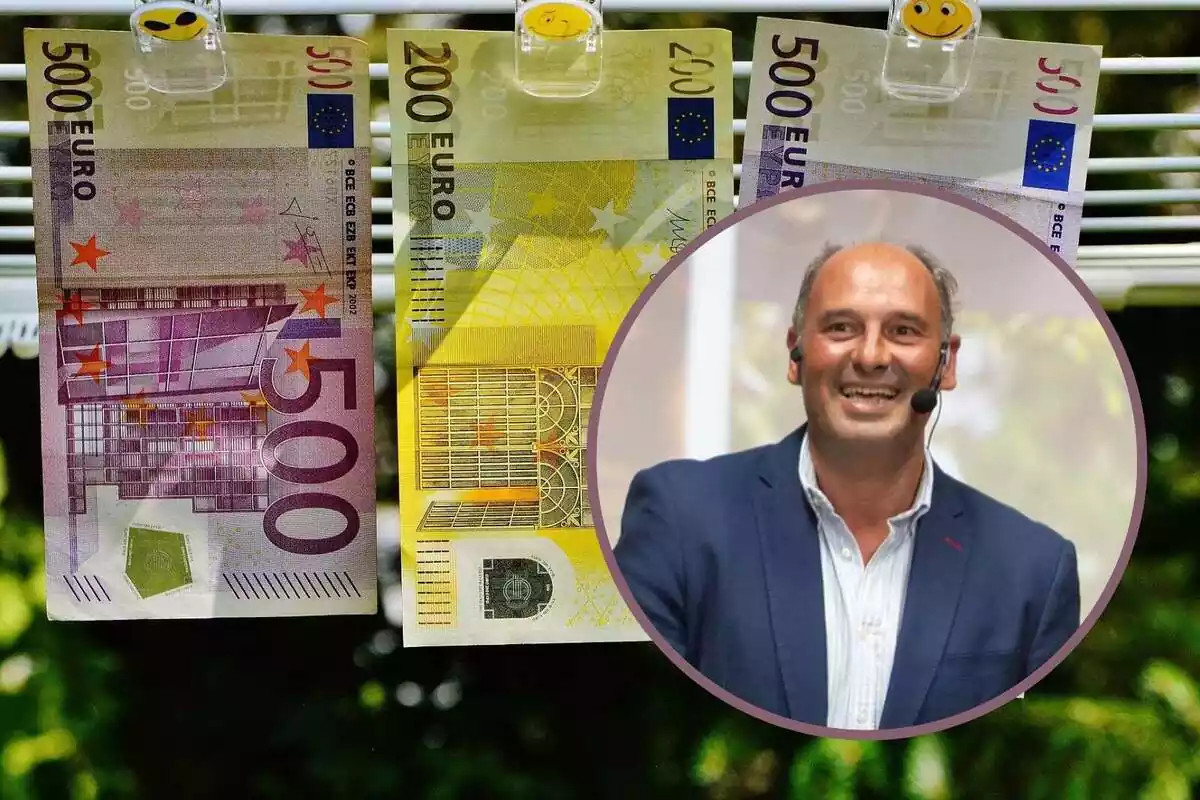 Montaje con una fotografía de Pepe Maciá, economista, y un fondo de billetes de 500 y 200 euros