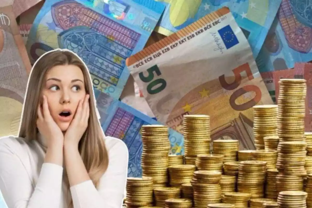 Imagen de fondo de muchos billetes de euros, junto a otra de varias monedas amontonadas y en primer plano una mujer con gesto de sorpresa