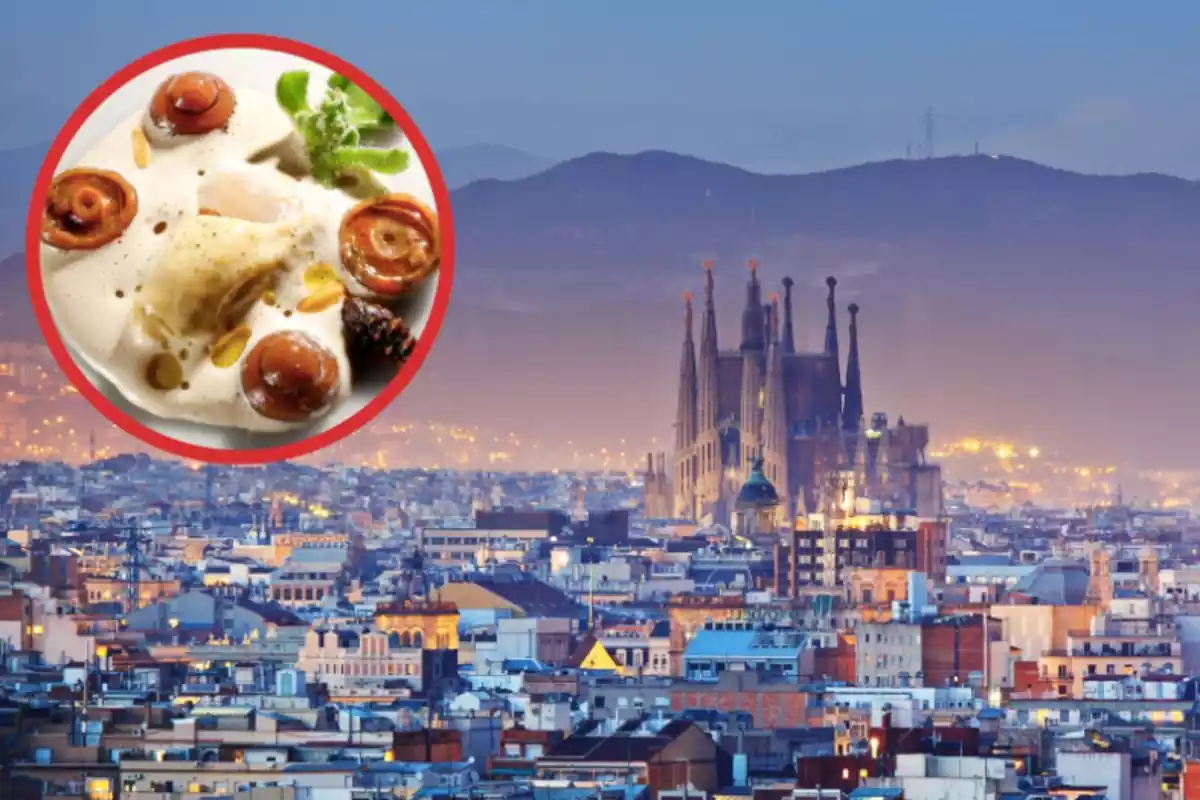Barcelona con la sagrada familia y un círculo con una comida con tomates y pescado