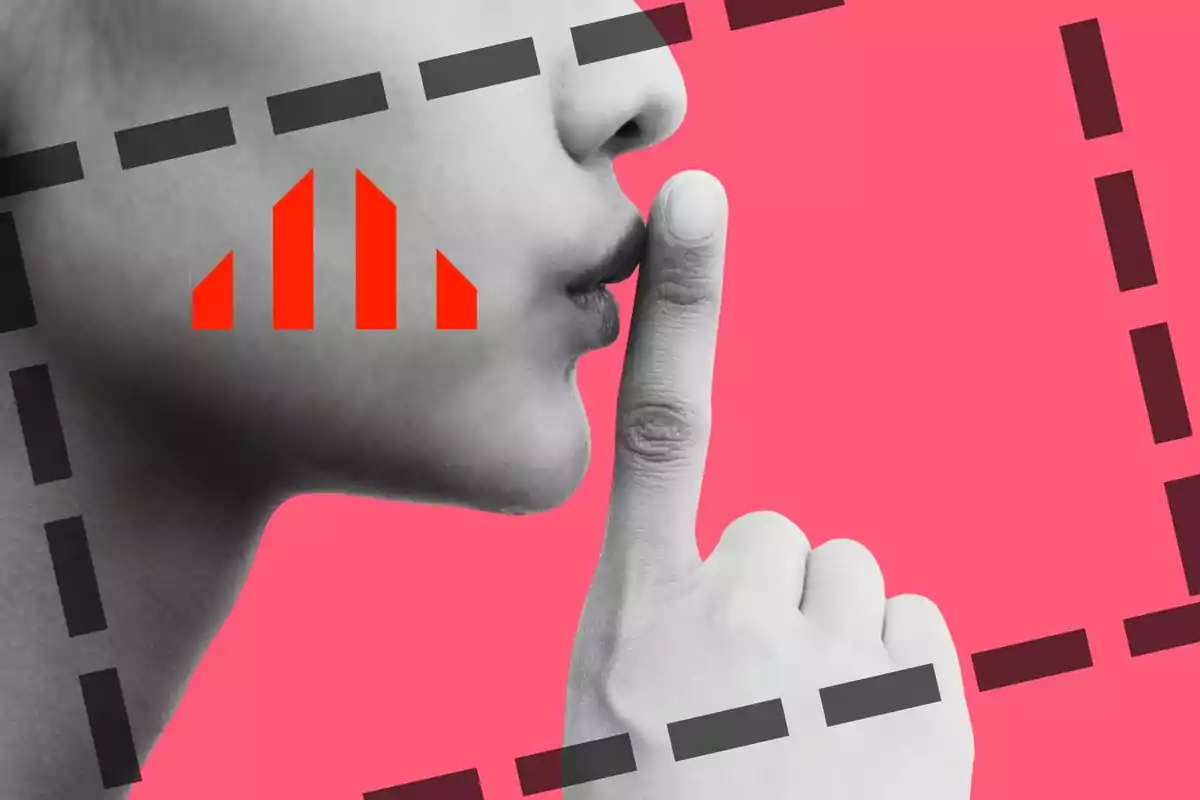 Persona en blanco y negro haciendo gesto de silencio con el dedo índice sobre los labios, con el logotipo de ERC en la mejilla, fondo rosa y elementos gráficos en negro y rojo.