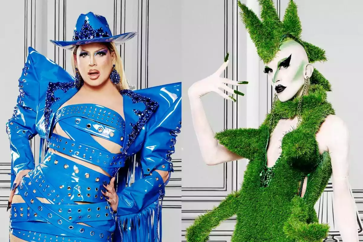 Dita Dubois y Kelly Passa!? posan con atuendos extravagantes, una con un traje azul brillante y la otra con un traje verde que parece hecho de césped en Drag Race España.