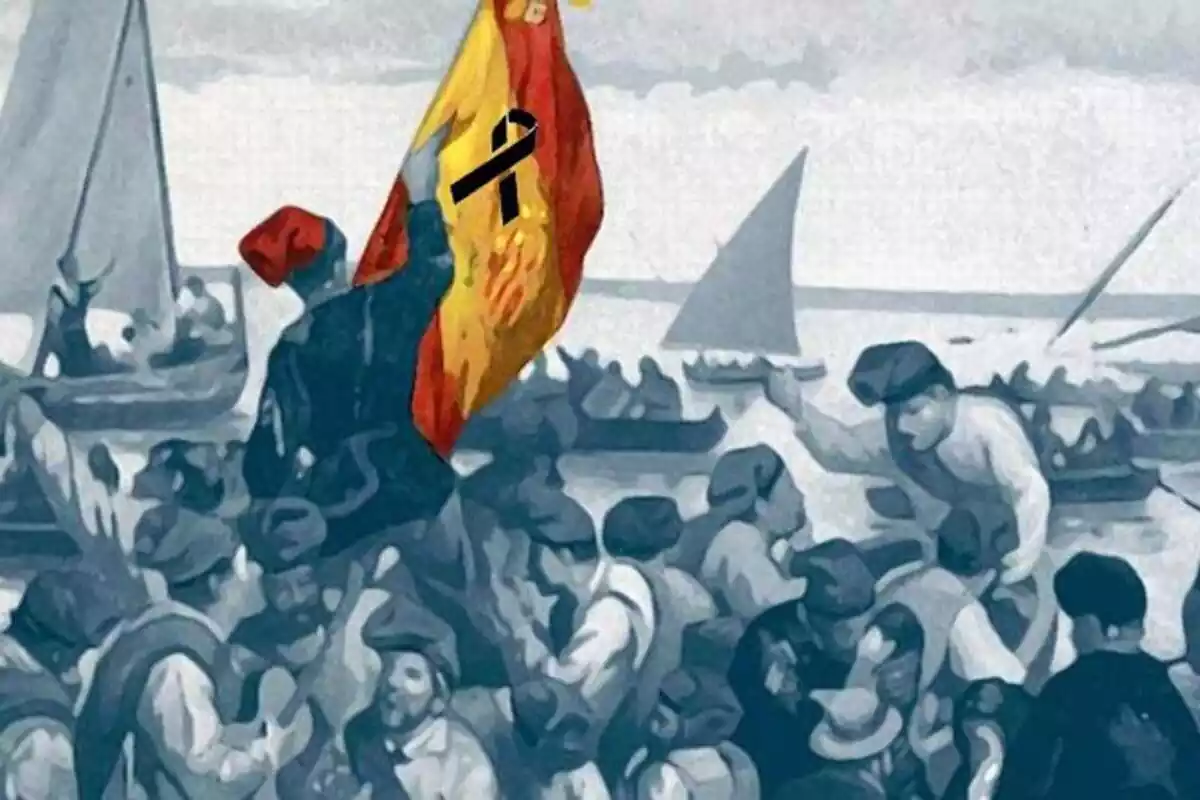 Imagen corporativa de Dolça Catalunya en la que se ven, en formato dibujo, varios hombres con barretina en el mar y uno de ellos lleva una bandera de España con un crespón negro