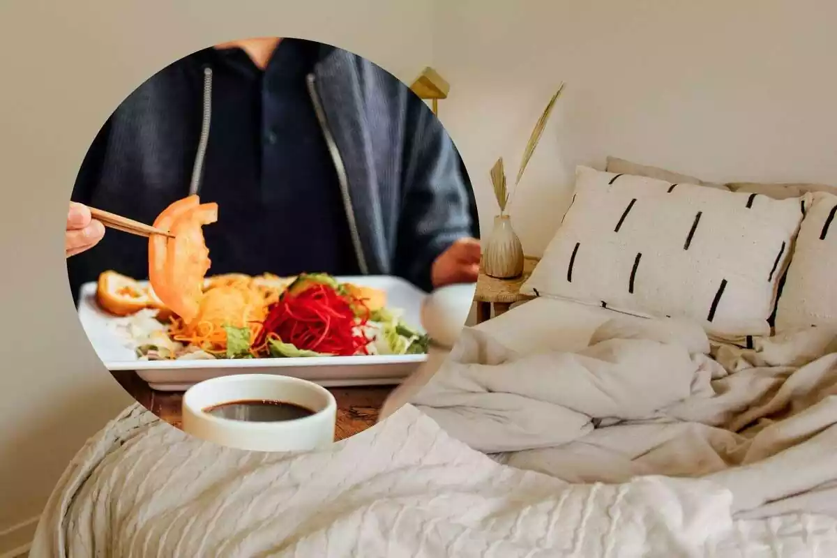 Una persona comiendo una ensalada y como imagen de fondo una cama deshecha