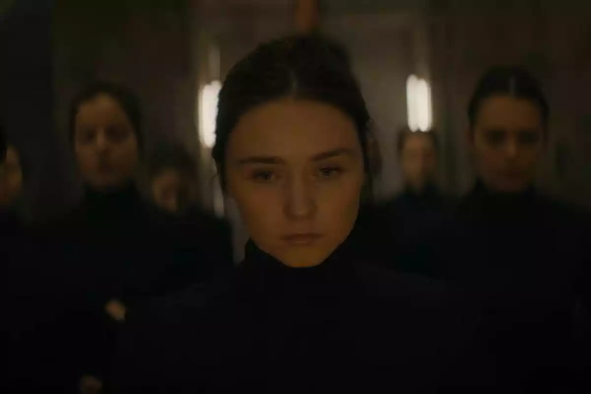 Una mujer con expresión seria y cabello recogido, rodeada de otras personas en un ambiente oscuro y tenue en el teaser de Dune: La Profecía