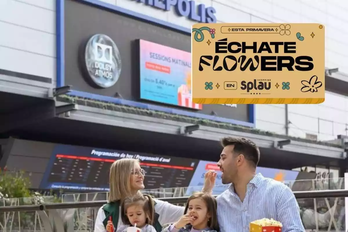 Una familia comiendo en el centro comercial Splau y un cartel del festival Échate flowers