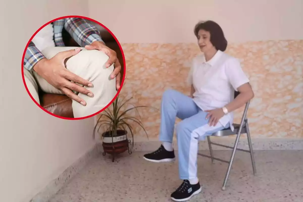 Montaje con mujer mayor sentada en una silla haciendo ejercicio y círculo rojo con persona tocando su rodilla