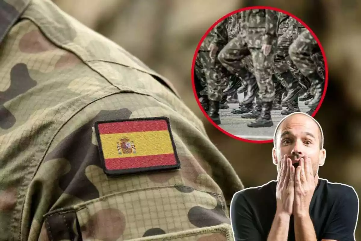 Imagen de fondo de un trozo de un uniforme militar con la bandera de España y otra imagen de varios militares marchando, además de la imagen de un hombre con gesto de sorpresa