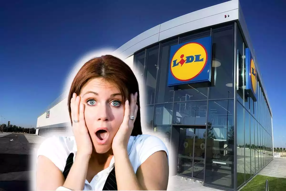 Mujer morena de ojos azules sorprendida con las manos en la cara sobre fondo de Lidl