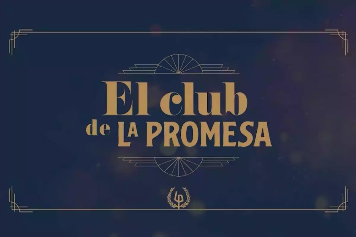 Fondo azul oscuro con letras doradas que dicen El club de la promesa en el centro y detalles decorativos en las esquinas