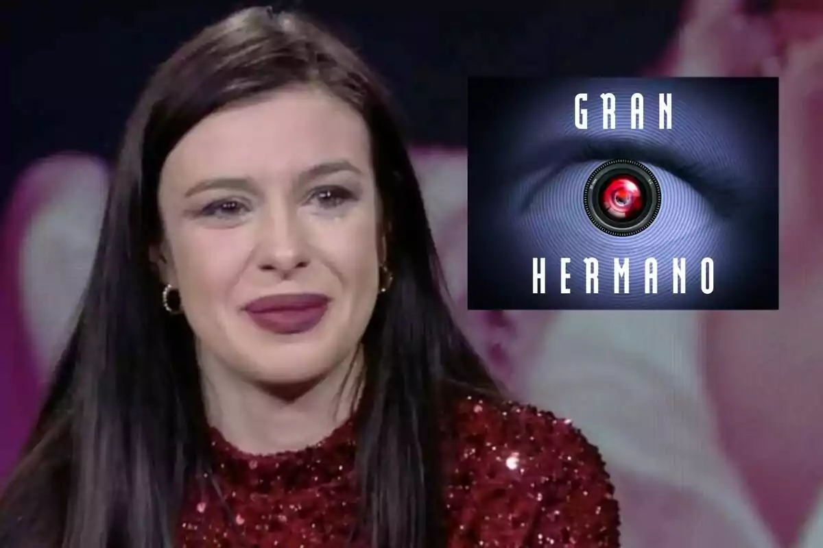 Elena Olmo con vestido rojo brillante y logotipo de Gran Hermano en la esquina.