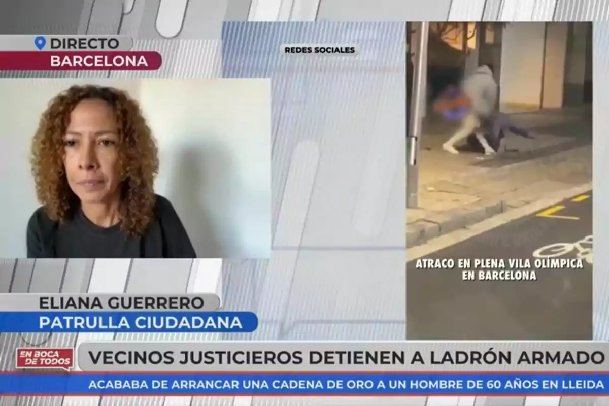 Mujer hablando en una videollamada sobre un incidente en Barcelona donde vecinos detienen a un ladrón armado.