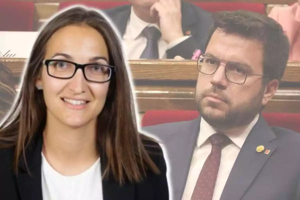 Montaje de fotos de Elisenda Pérez Esteve con rostro sonriente y Pere Aragonès con rostro serio