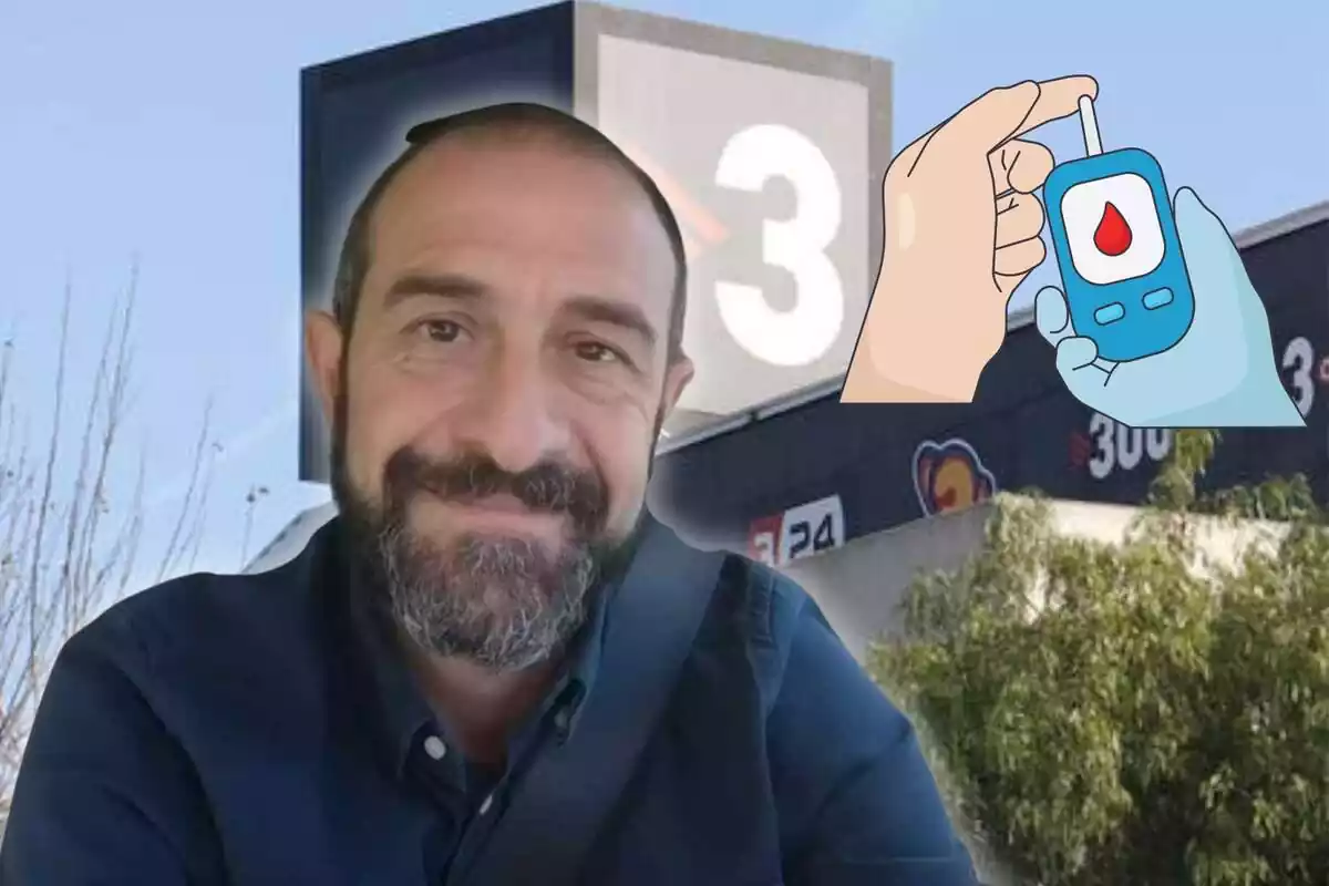 Eloi Vila sobre un fondo de tv3 y una imagén simbolizante de la diabetes