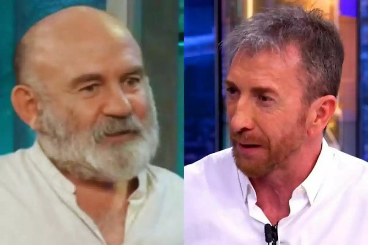 Emilio Gavira en La Revuelta a la izquierda y Pablo Motos con expresión seria en El Hormiguero a la derecha.