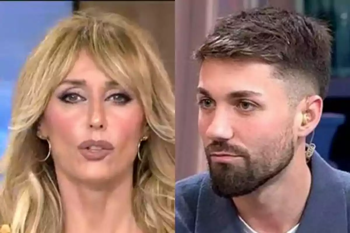 Emma García hablando a la izquierda con Alejandro Albalá con expresión seria y pinganillo a la derecha, ambos en Fiesta.