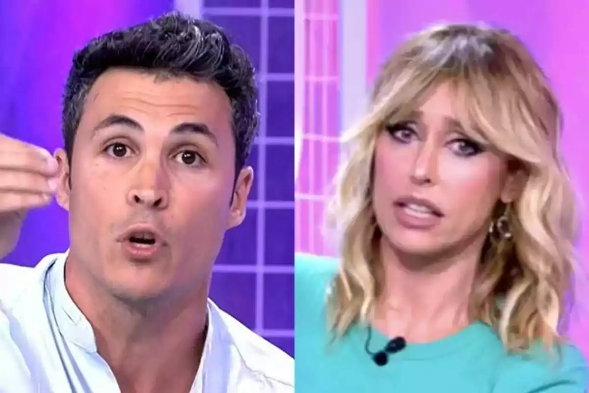 Kiko Jiménez y Emma García en Fiesta con expresiones serias y un fondo de colores morados y rosados.