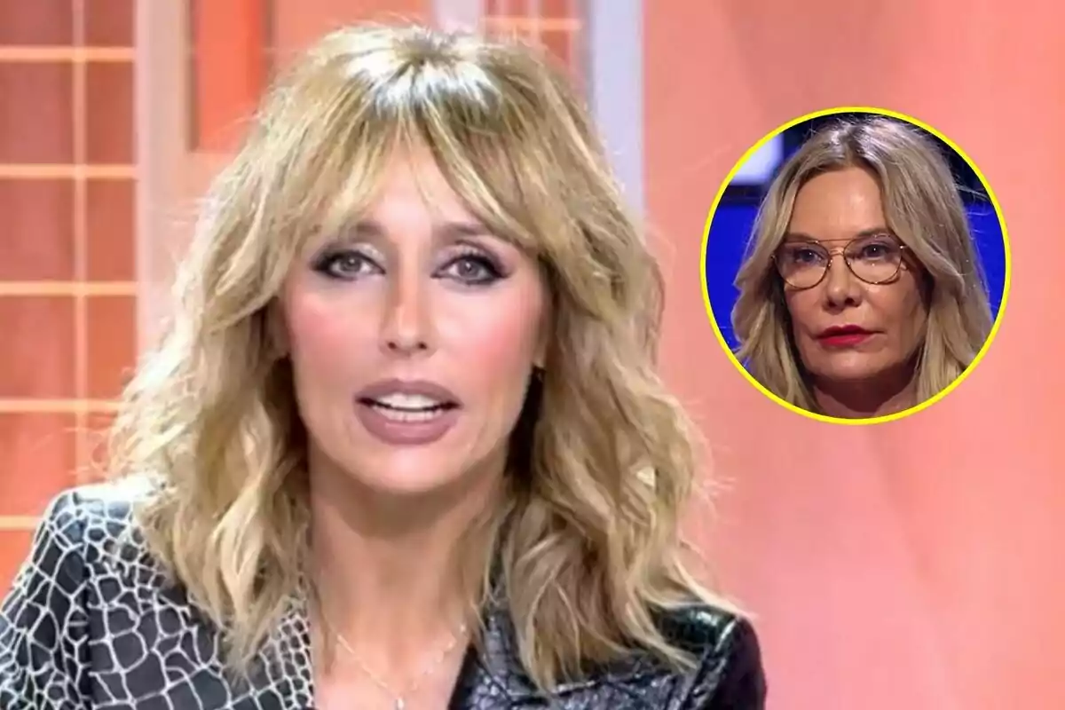 Emma García con cabello rubio y maquillaje pronunciado en Fiesta aparece en primer plano, mientras que en un recuadro circular se muestra a Belén Rodríguez con gafas y expresión seria.