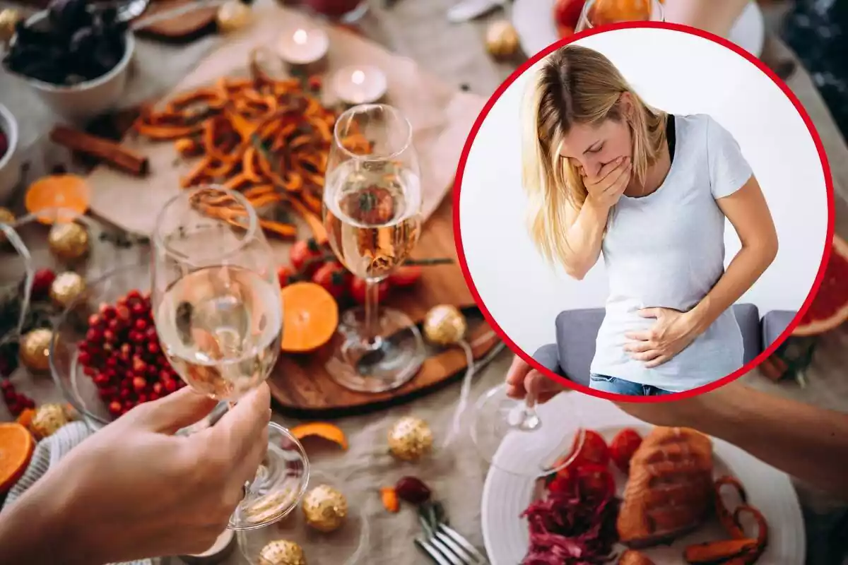 Mujer empachada por los estragos de la Navidad