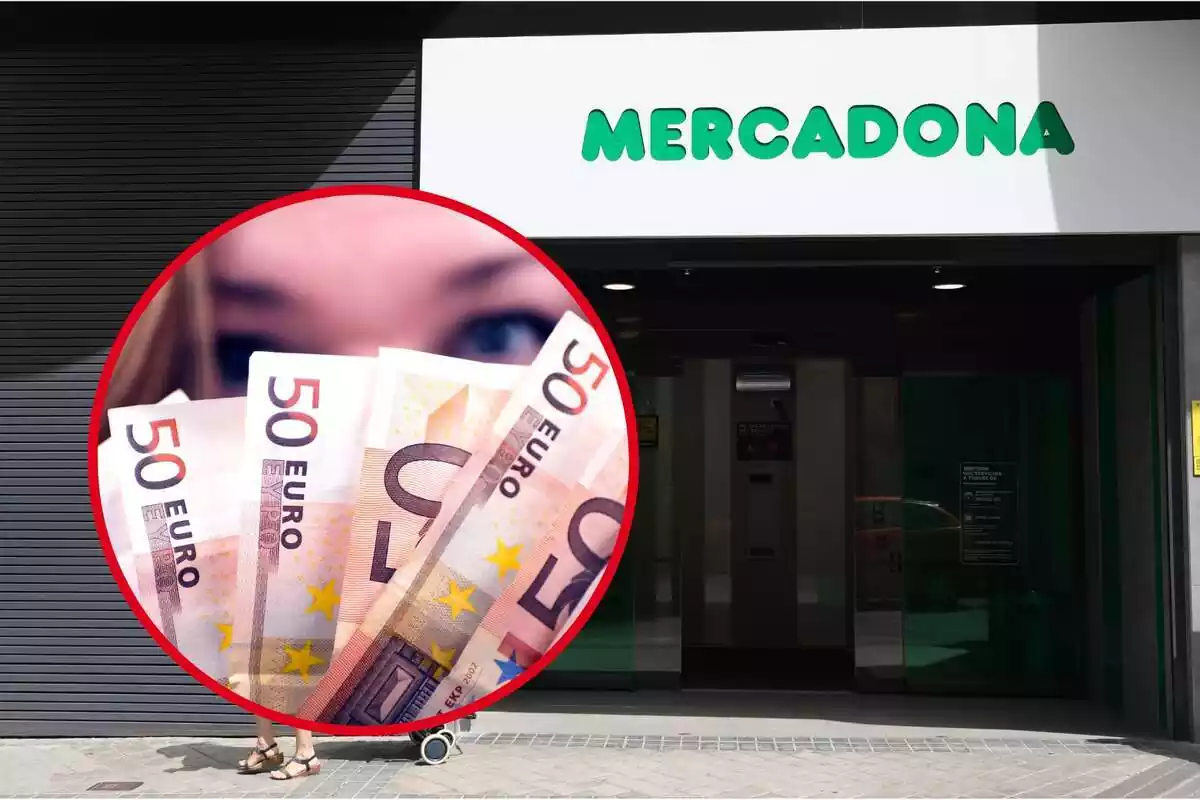 Imagen de ojos de mujer rubia desenfocada tras un fajo en abanico de billetes de cincuenta euros inserta en un círculo, sobre fondo de puerta de Mercadona
