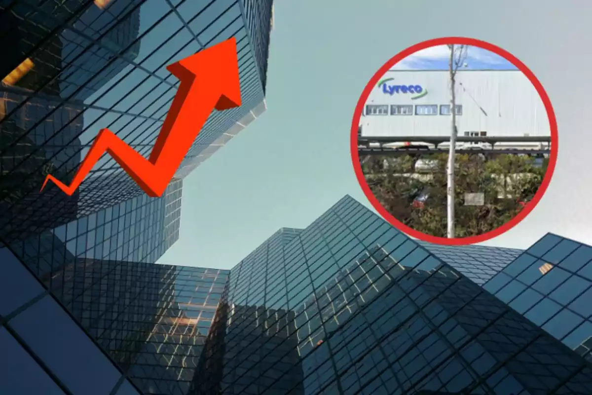 Unos edificios empresariales y un círculo con una nave que pone lyreco y una flecha ascendente