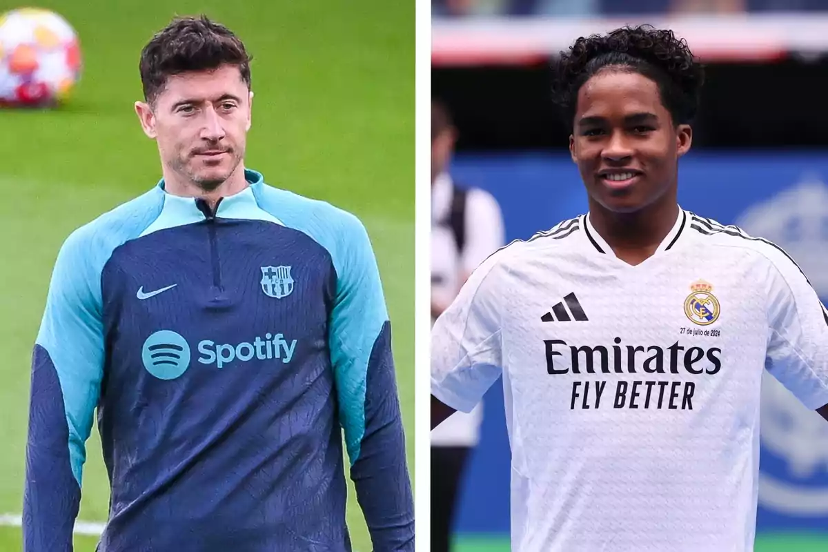Dos jugadores de fútbol con uniformes de equipos diferentes, uno del FC Barcelona y otro del Real Madrid, posan en un campo de fútbol. Dos jugadores de fútbol con uniformes de equipos diferentes, uno del FC Barcelona y otro del Real Madrid, posan en un campo de fútbol.