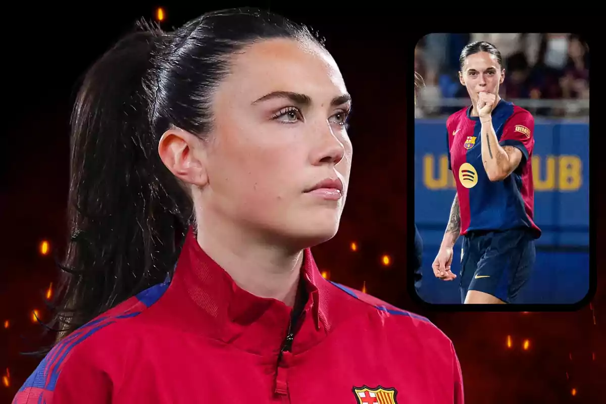 Mujer con uniforme del FC Barcelona en primer plano y en acción en un recuadro.