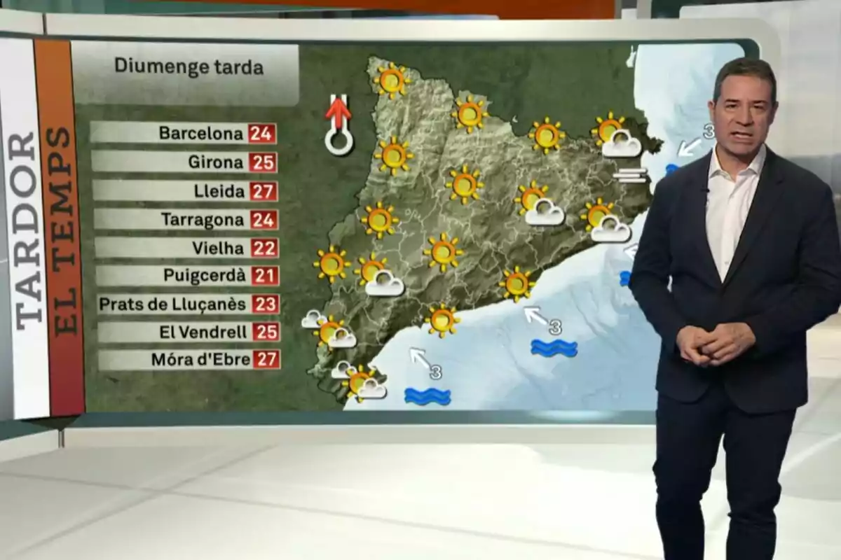 Enric Agud mostrando el pronóstico para Cataluña para la tarde del 13 de octubre de 2024 con temperaturas y símbolos de sol y nubes en un mapa. Enric Agud mostrando el pronóstico para Cataluña para la tarde del 13 de octubre de 2024 con temperaturas y símbolos de sol y nubes en un mapa.