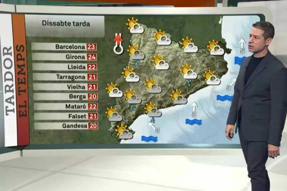 Enric Agud está de pie junto a un mapa meteorológico de Cataluña que muestra pronósticos de temperaturas y condiciones climáticas para varias ciudades, con iconos de sol y nubes para hoy, 12 de octubre de 2024. Enric Agud está de pie junto a un mapa meteorológico de Cataluña que muestra pronósticos de temperaturas y condiciones climáticas para varias ciudades, con iconos de sol y nubes para hoy, 12 de octubre de 2024.