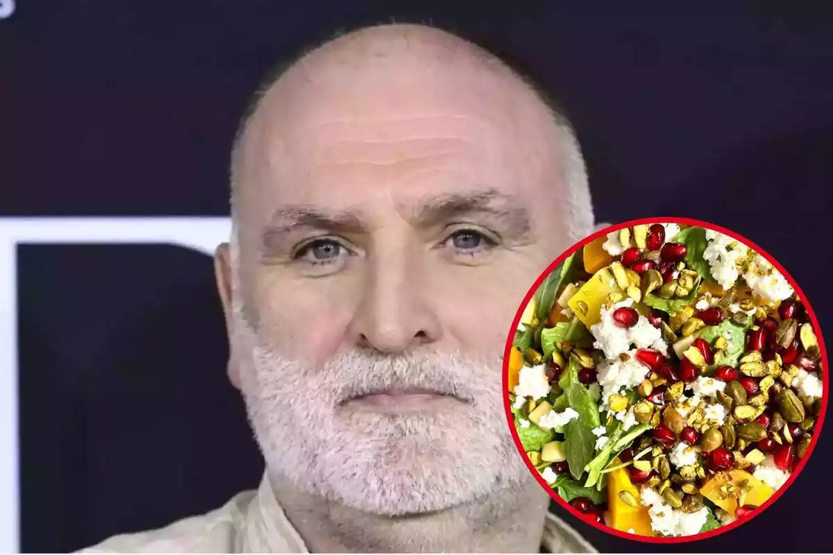 Montaje con el rostro del cocinero José Andrés y en un círculo su plato de ensalada griega