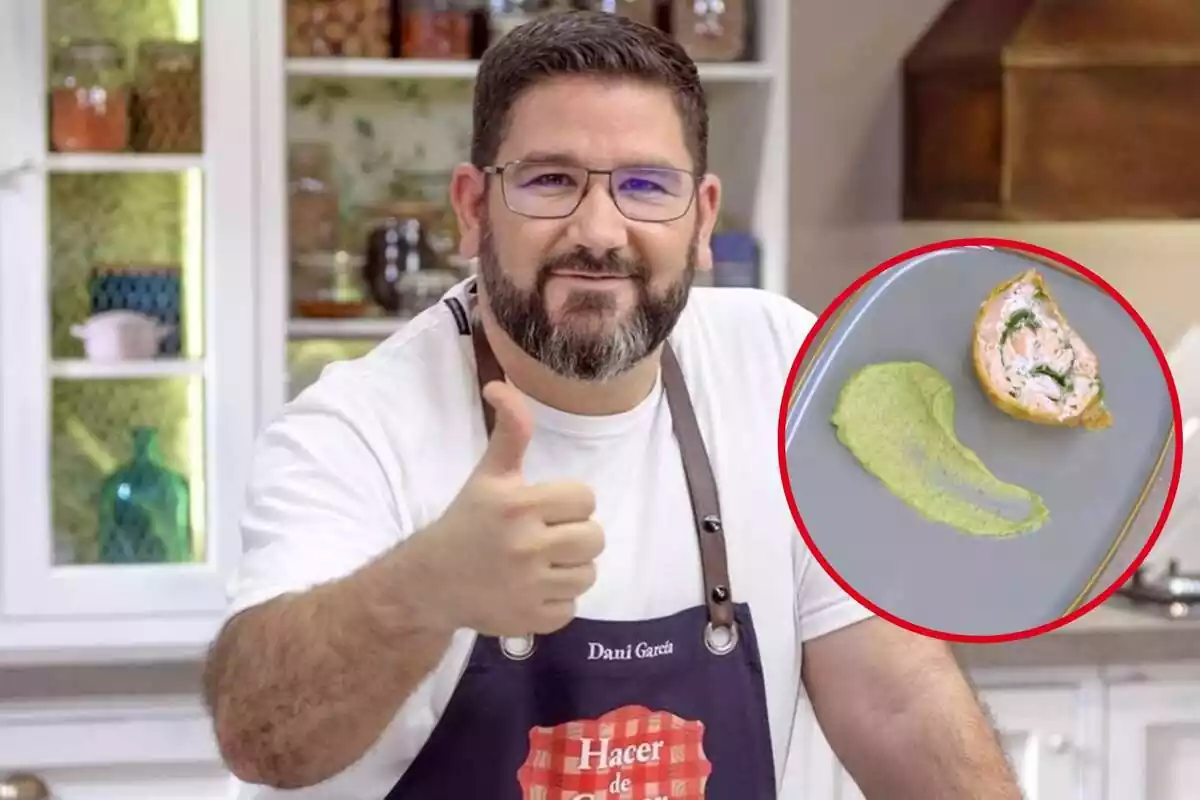 Montaje con una foto de Dani García sonriendo y con el pulgar hacia arriba mientras que en el círculo se ve el emplatado de su hojaldre de salmón