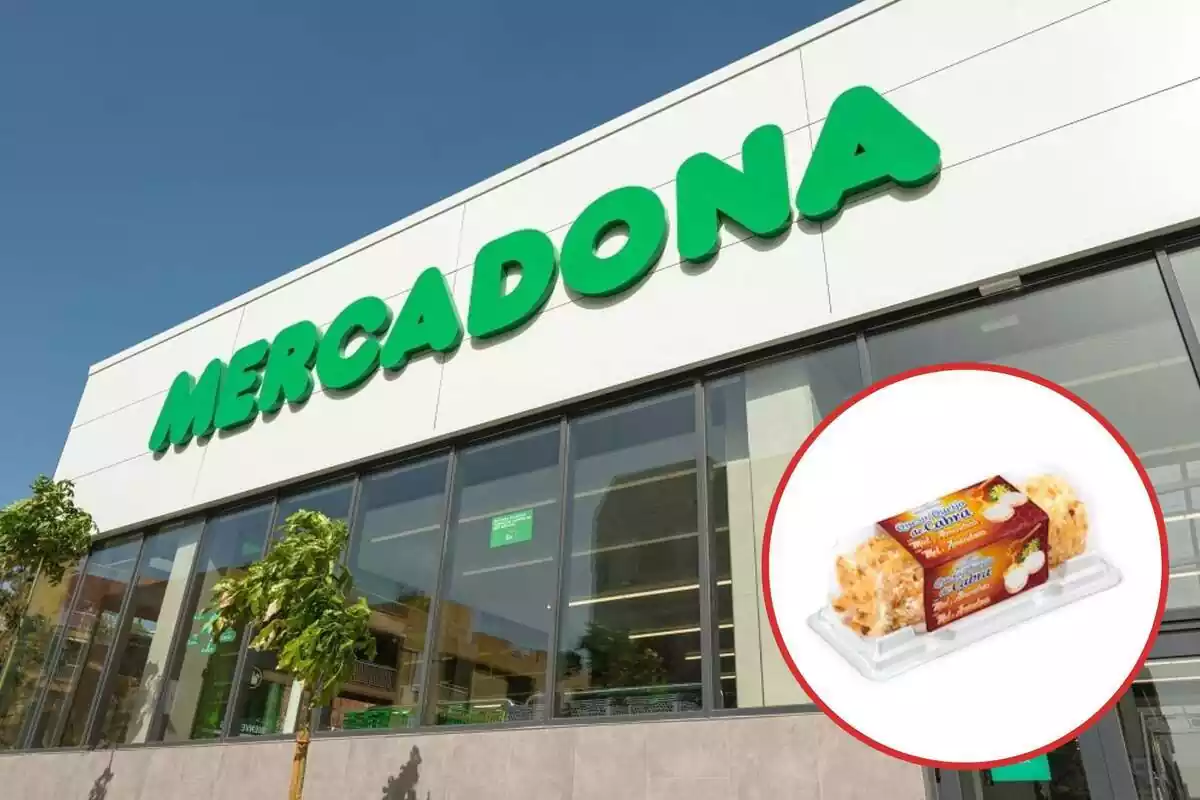 Montaje con la fachada de un supermercado de Mercadona y en un círculo el queso de cabra con miel y almendras