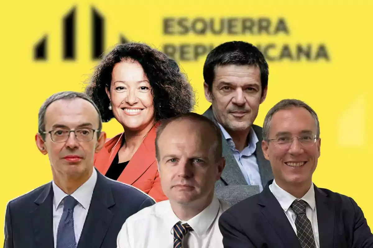 Cinco personas posan frente a un fondo amarillo con el logotipo y el texto de Esquerra Republicana desenfocados. Cinco personas posan frente a un fondo amarillo con el logotipo y el texto de Esquerra Republicana desenfocados.