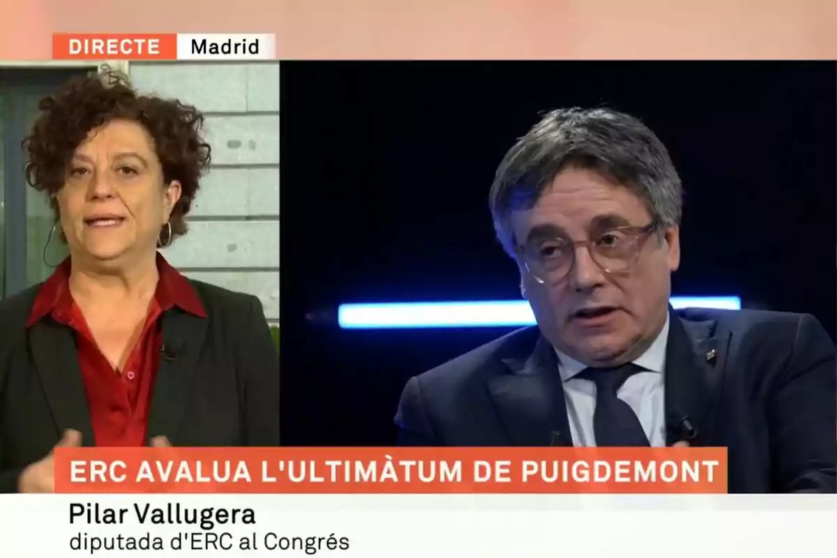 Dos personas en una transmisión en vivo desde Madrid, con un texto que menciona a ERC y un ultimátum de Puigdemont.