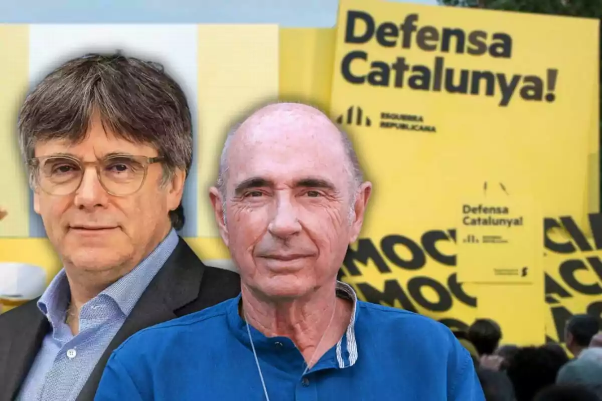 Dos hombres frente a un cartel amarillo con el texto "Defensa Catalunya!" y el logo de Esquerra Republicana.