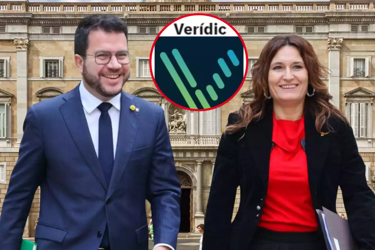 Montaje de una imagen de Pere Aragonès y Laura Vilagrà con el logo del perfil de Twitter de Verídic