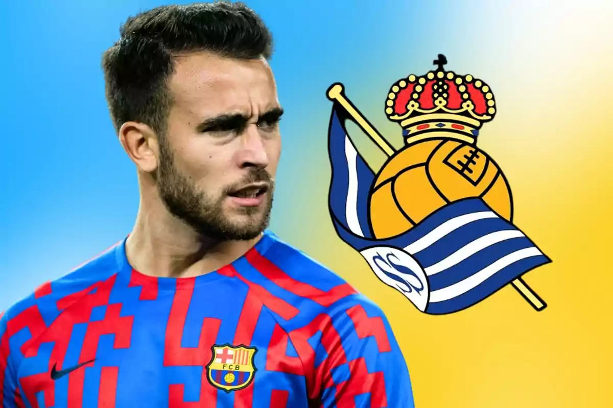 Un jugador de fútbol con la camiseta del FC Barcelona junto al escudo de la Real Sociedad.