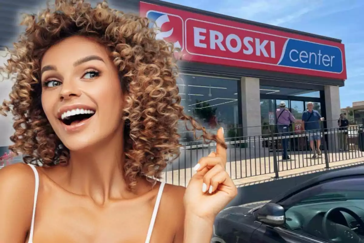 Una mujer sonriente con cabello rizado en primer plano y un supermercado Eroski Center de fondo.