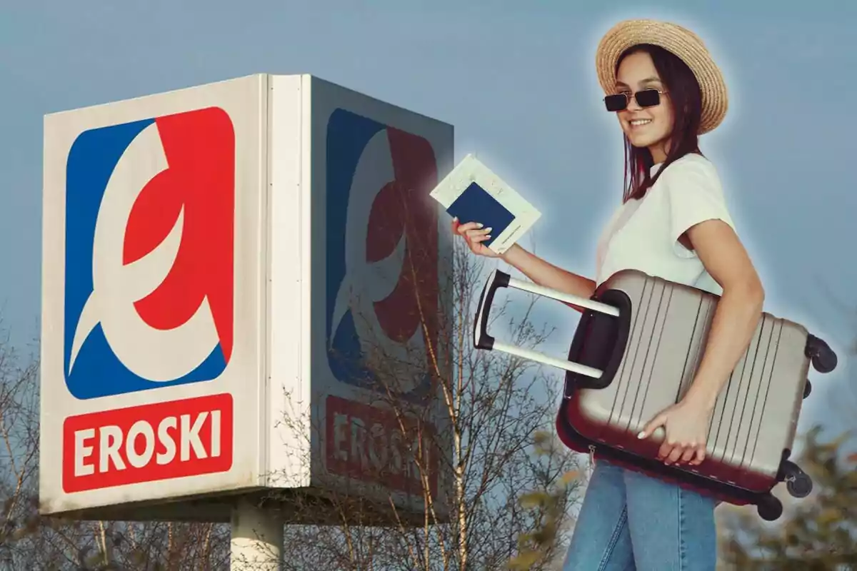 Una mujer con sombrero y gafas de sol sostiene una maleta y un pasaporte frente a un cartel de Eroski.