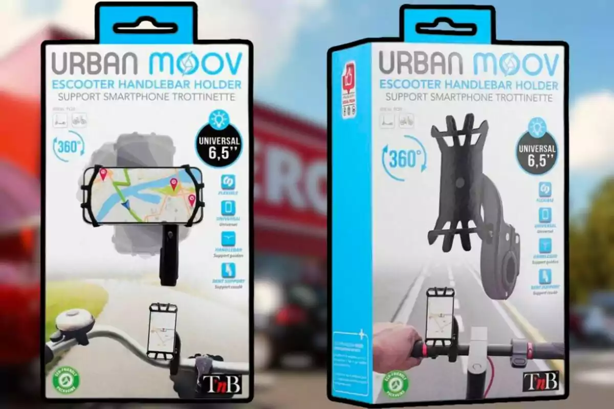 La imagen muestra dos cajas de soporte para manillar de scooter eléctrico de la marca Urban Moov, diseñados para sostener smartphones de hasta 6.5 pulgadas, con rotación de 360 grados y características como flexibilidad y universalidad. La imagen muestra dos cajas de soporte para manillar de scooter eléctrico de la marca Urban Moov, diseñados para sostener smartphones de hasta 6.5 pulgadas, con rotación de 360 grados y características como flexibilidad y universalidad.