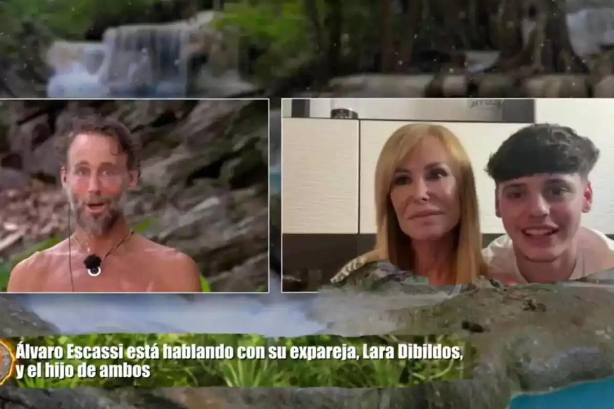 Álvaro Muñoz Escassi con barba aparece en una videollamada desde un entorno natural de Supervivientes, mientras una Lara Dibildos y su hijo joven sonriente están juntos en una cocina, con un texto en la parte inferior que menciona que Álvaro Escassi está hablando con su expareja Lara Dibildos y el hijo de ambos. Álvaro Muñoz Escassi con barba aparece en una videollamada desde un entorno natural de Supervivientes, mientras una Lara Dibildos y su hijo joven sonriente están juntos en una cocina, con un texto en la parte inferior que menciona que Álvaro Escassi está hablando con su expareja Lara Dibildos y el hijo de ambos.